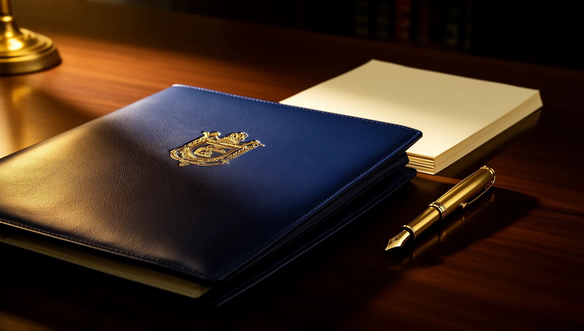 Carpeta ejecutiva en cuero con pluma estilográfica sobre escritorio de nogal